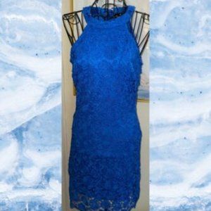 LULUS BLUE FLORAL LACE COVERED HALTER DRESS~SIZE SMALL